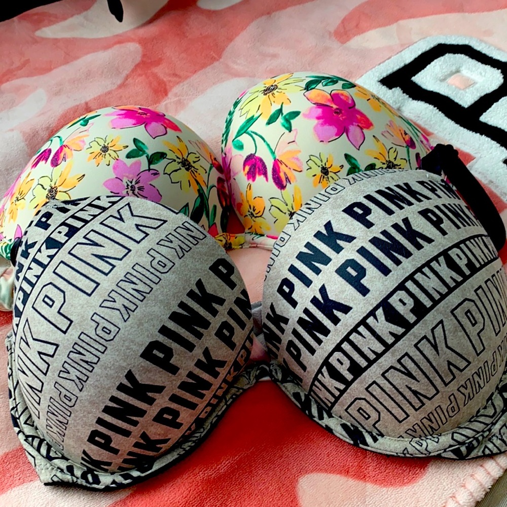 PRE-BUNDLE PINK push up bras! Floral & marled grey